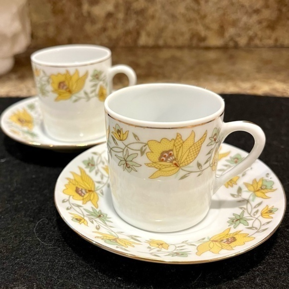 Floral Yellow Espresso Cup Set of 2 Demitasse Cups